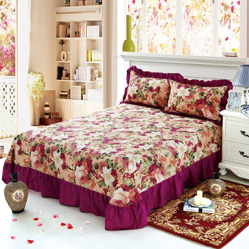 100% Pure Cotton Ruffled Soft Bed Sheet Purple Floral Large Bedsheet Queen King size Bedsheet with Two Pillow Covers Flat sheet