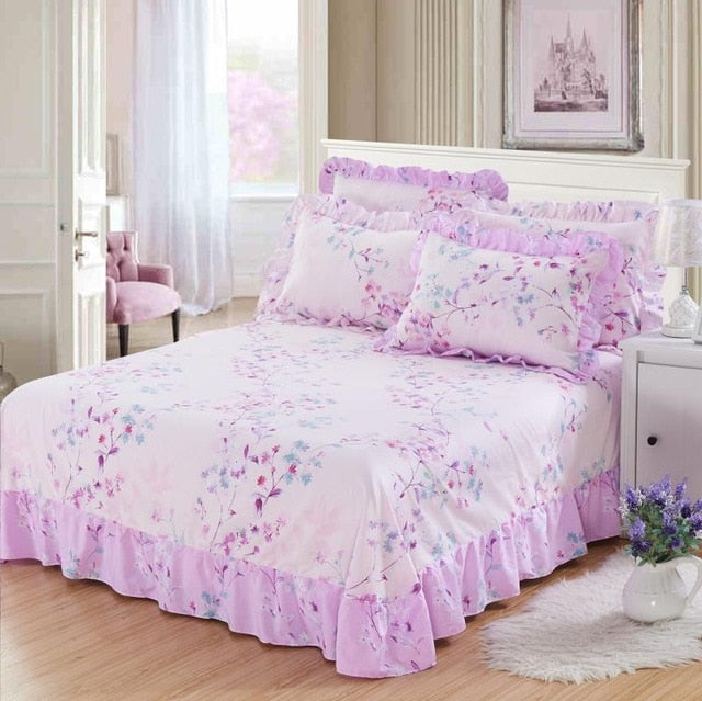 100% Pure Cotton Ruffled Soft Bed Sheet Purple Floral Large Bedsheet Queen King size Bedsheet with Two Pillow Covers Flat sheet