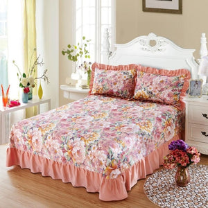 100% Pure Cotton Ruffled Soft Bed Sheet Purple Floral Large Bedsheet Queen King size Bedsheet with Two Pillow Covers Flat sheet