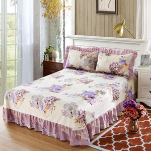 100% Pure Cotton Ruffled Soft Bed Sheet Purple Floral Large Bedsheet Queen King size Bedsheet with Two Pillow Covers Flat sheet