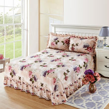 Load image into Gallery viewer, 100% Pure Cotton Ruffled Soft Bed Sheet Purple Floral Large Bedsheet Queen King size Bedsheet with Two Pillow Covers Flat sheet