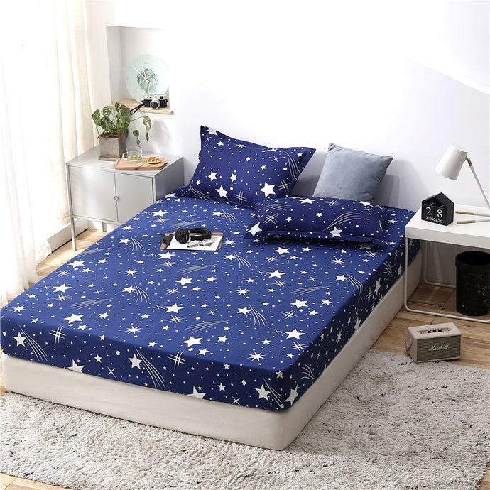 Blue Meteor Shower Star Printed Fitted Sheet 1pc Polyester Mattress Cover with Elastic Rubber Band Twin Full Queen King BedSheet